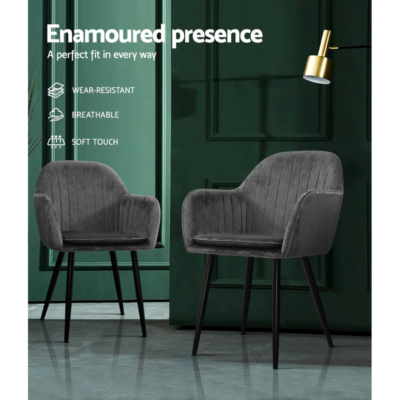 Set of 2 Dining Chairs Retro Chair Metal Legs Replica Armchair Velvet Grey