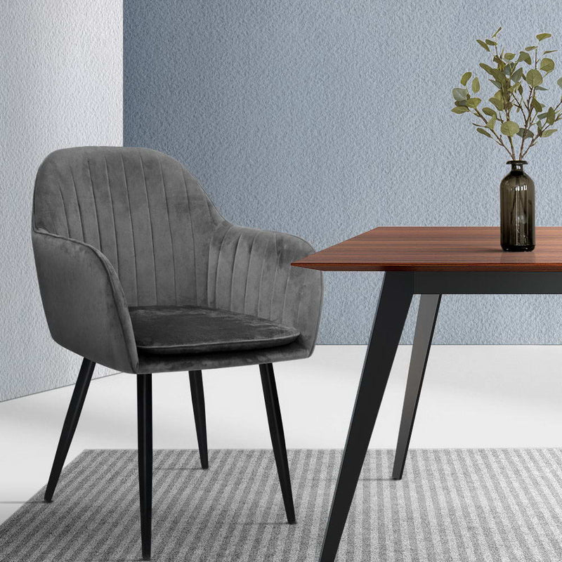 Set of 2 Dining Chairs Retro Chair Metal Legs Replica Armchair Velvet Grey