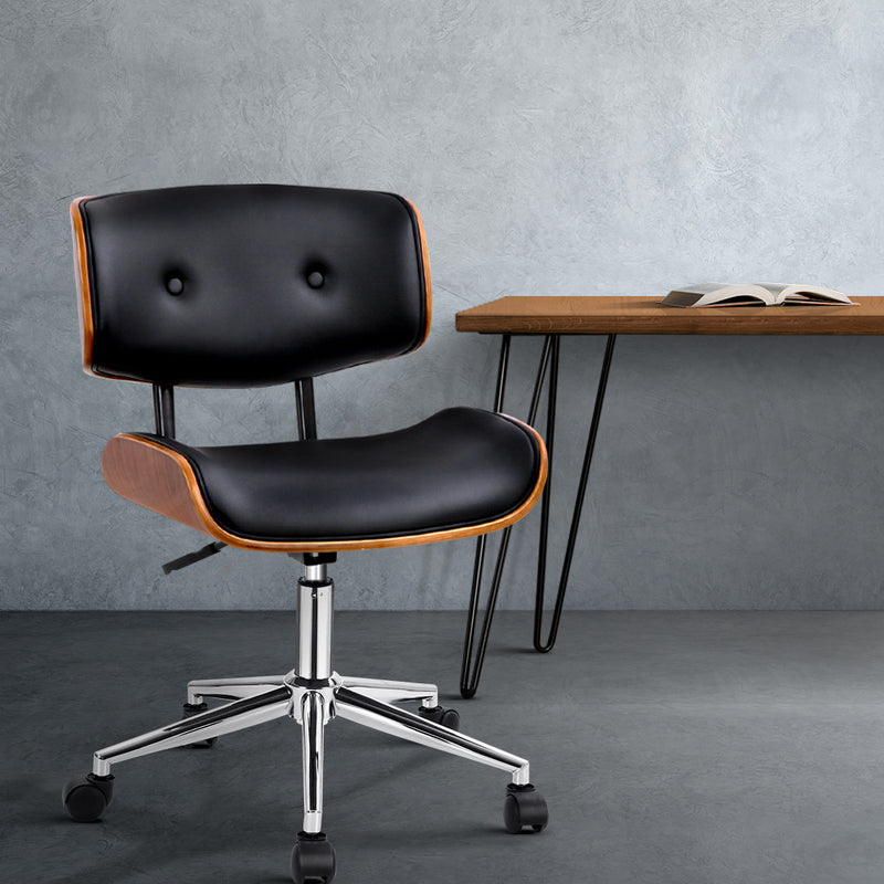 Wooden & PU Leather Office Desk Chair - Black