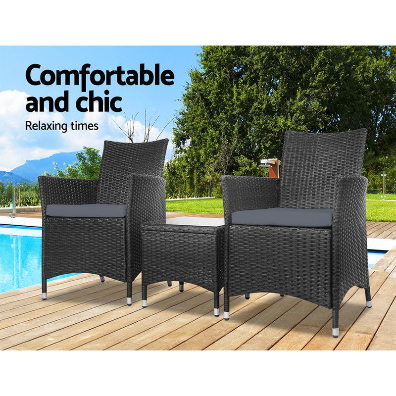 3 Piece Wicker Outdoor Furniture Set - Black