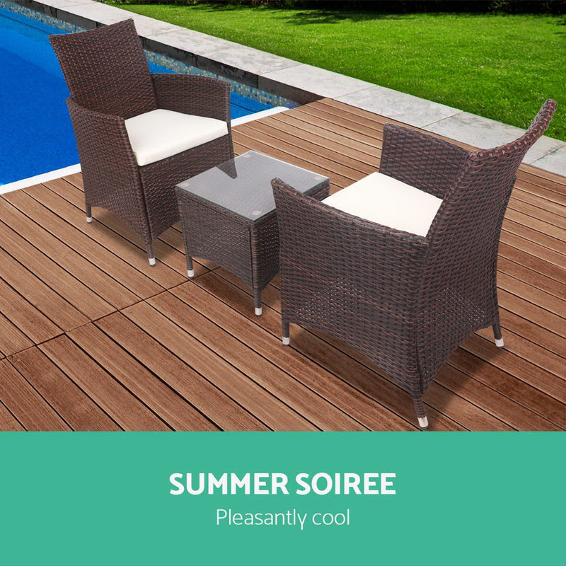 3 Piece Wicker Outdoor Furniture Set - Brown