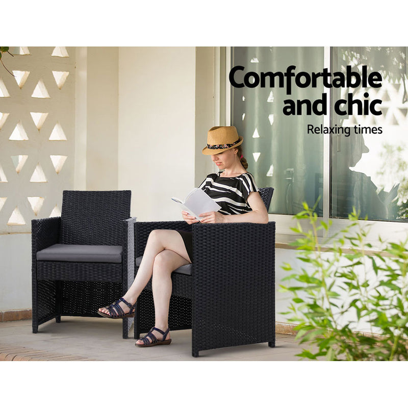 Set of 2 Outdoor Dining Chairs Wicker Chair Patio Garden Furniture Setting Lounge Cafe Cushion Bistro Set  Black