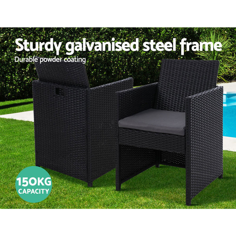 Set of 2 Outdoor Dining Chairs Wicker Chair Patio Garden Furniture Setting Lounge Cafe Cushion Bistro Set  Black