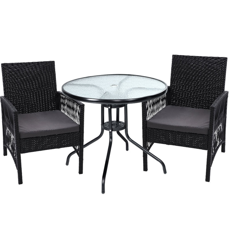 Outdoor Furniture Dining Chairs Wicker Garden Patio Cushion Black 3PCS Tea Coffee Cafe Bar Set