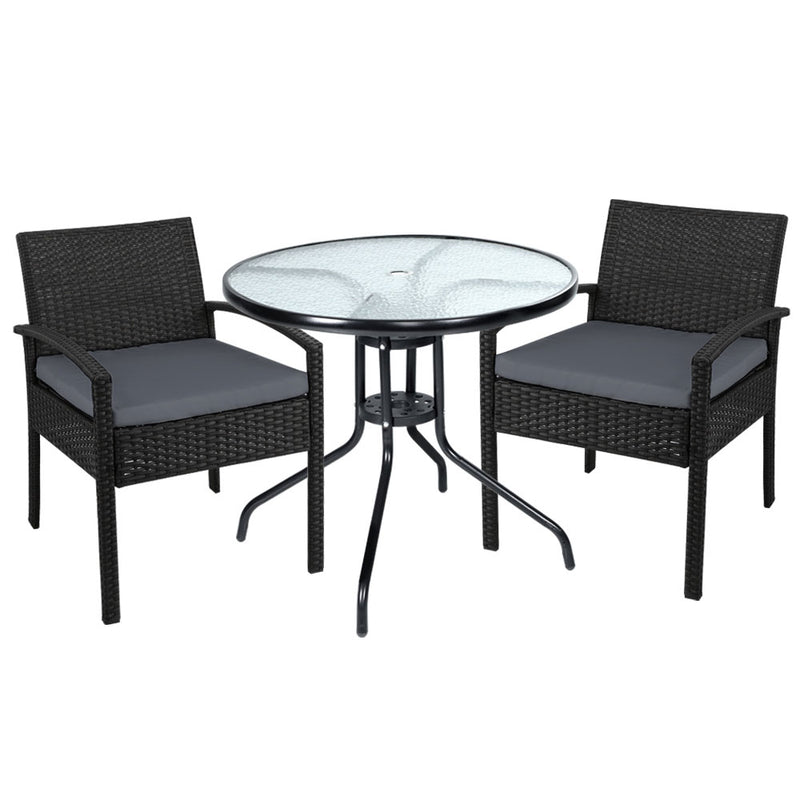 Outdoor Furniture Dining Chairs Wicker Garden Patio Cushion Black 3PCS Sofa Set Tea Coffee Cafe Bar Set