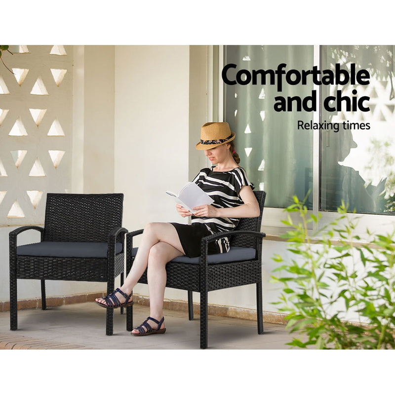 Outdoor Furniture Dining Chairs Wicker Garden Patio Cushion Black 3PCS Sofa Set Tea Coffee Cafe Bar Set