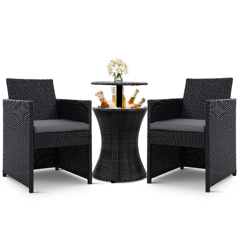 Outdoor Furniture Bar Table Set Wicker Chairs Cooler Ice Bucket Patio Bistro Set Coffee
