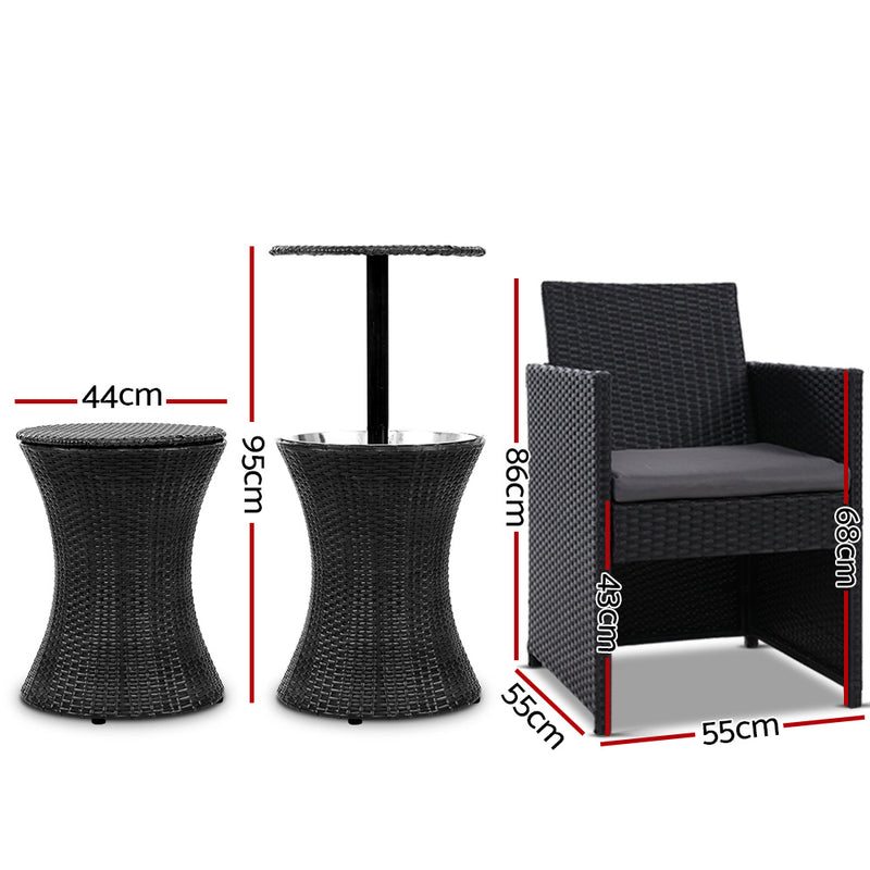 Outdoor Furniture Bar Table Set Wicker Chairs Cooler Ice Bucket Patio Bistro Set Coffee