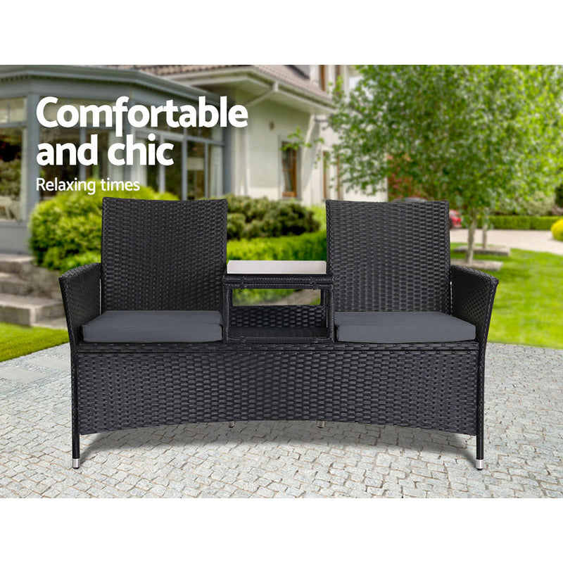 Outdoor Furniture Chair Bench Sofa Table 2 Seat Cushions Wicker Black