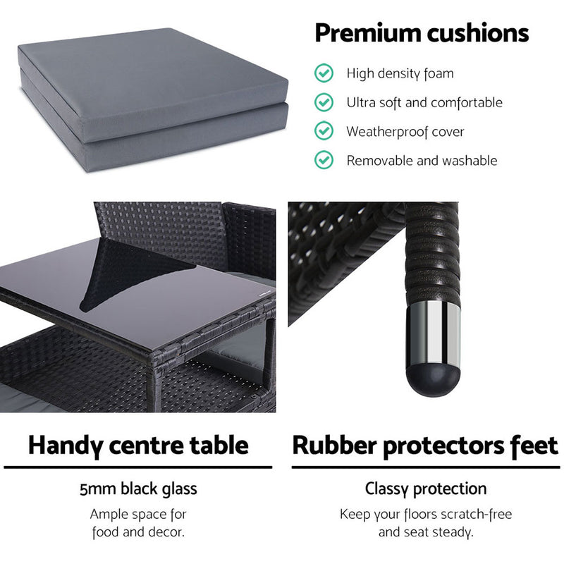 Outdoor Furniture Chair Bench Sofa Table 2 Seat Cushions Wicker Black