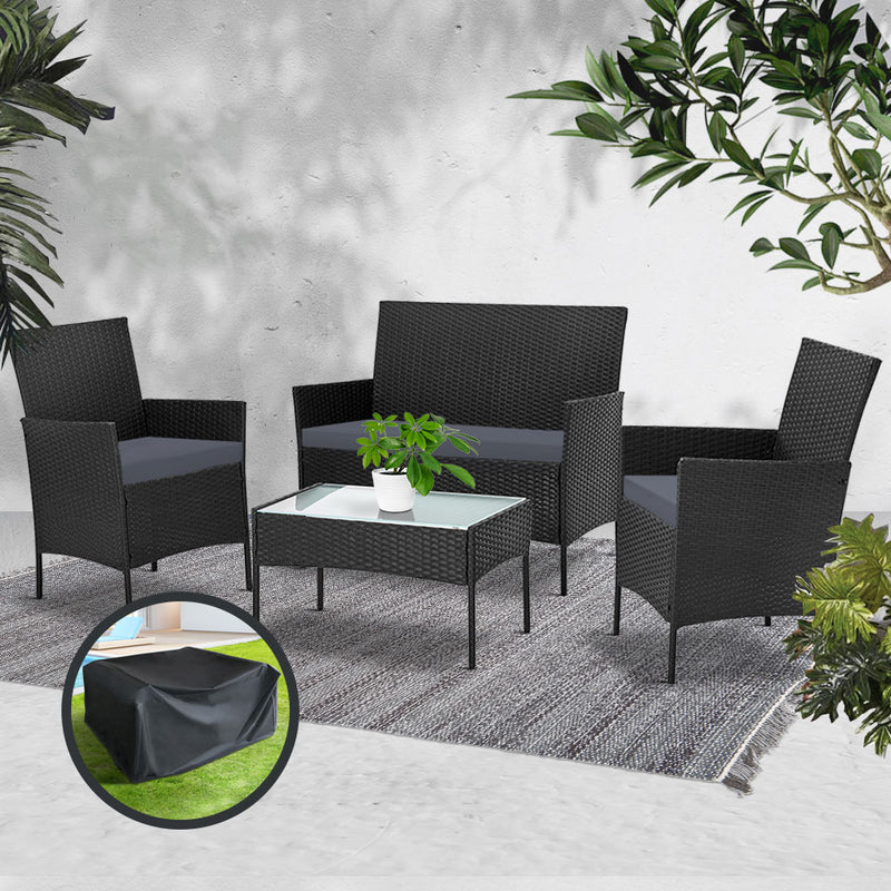 Garden Furniture Outdoor Lounge Setting Wicker Sofa Patio Storage Cover Black