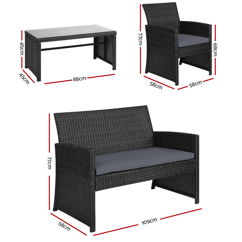 Set of 4 Outdoor Wicker Chairs & Table - Black