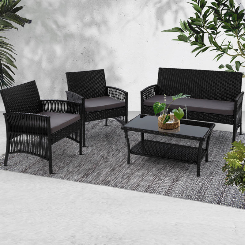 Outdoor Furniture Set Wicker Cushion 4pc Black