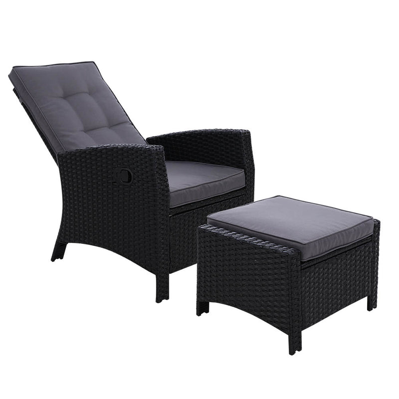 Sun lounge Recliner Chair Wicker Lounger Sofa Day Bed Outdoor Furniture Patio Garden Cushion Ottoman Black
