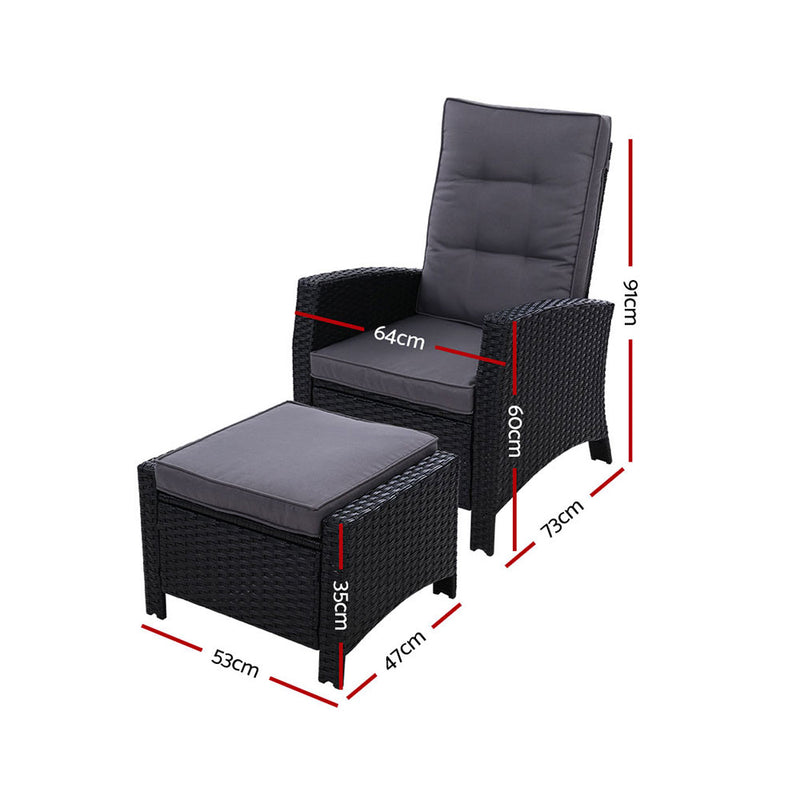 Sun lounge Recliner Chair Wicker Lounger Sofa Day Bed Outdoor Furniture Patio Garden Cushion Ottoman Black