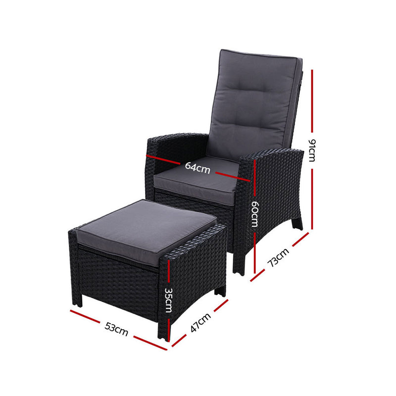 Set of 2 Sun lounge Recliner Chair Wicker Lounger Sofa Day Bed Outdoor Chairs Patio Furniture Garden Cushion Ottoman