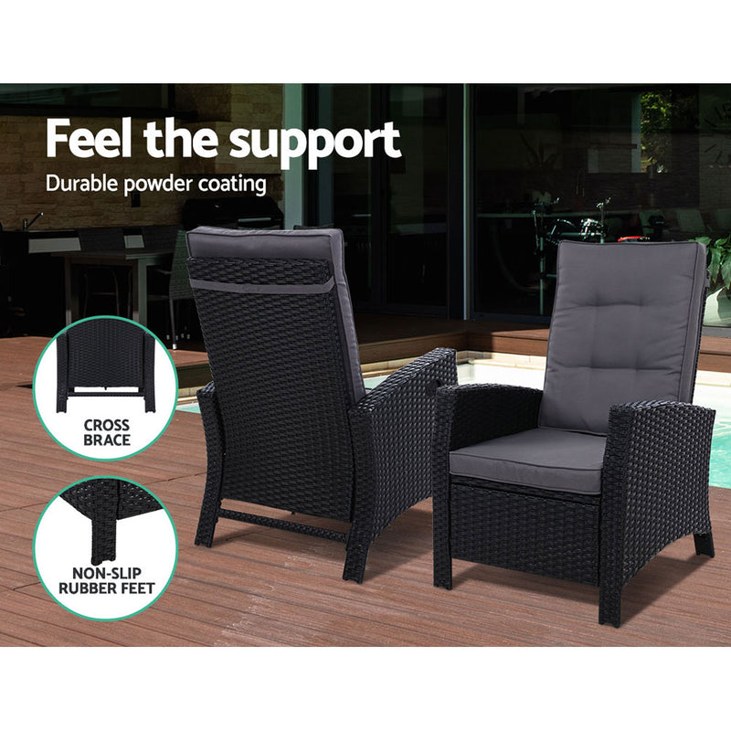 Set of 2 Sun lounge Recliner Chair Wicker Lounger Sofa Day Bed Outdoor Chairs Patio Furniture Garden Cushion Ottoman
