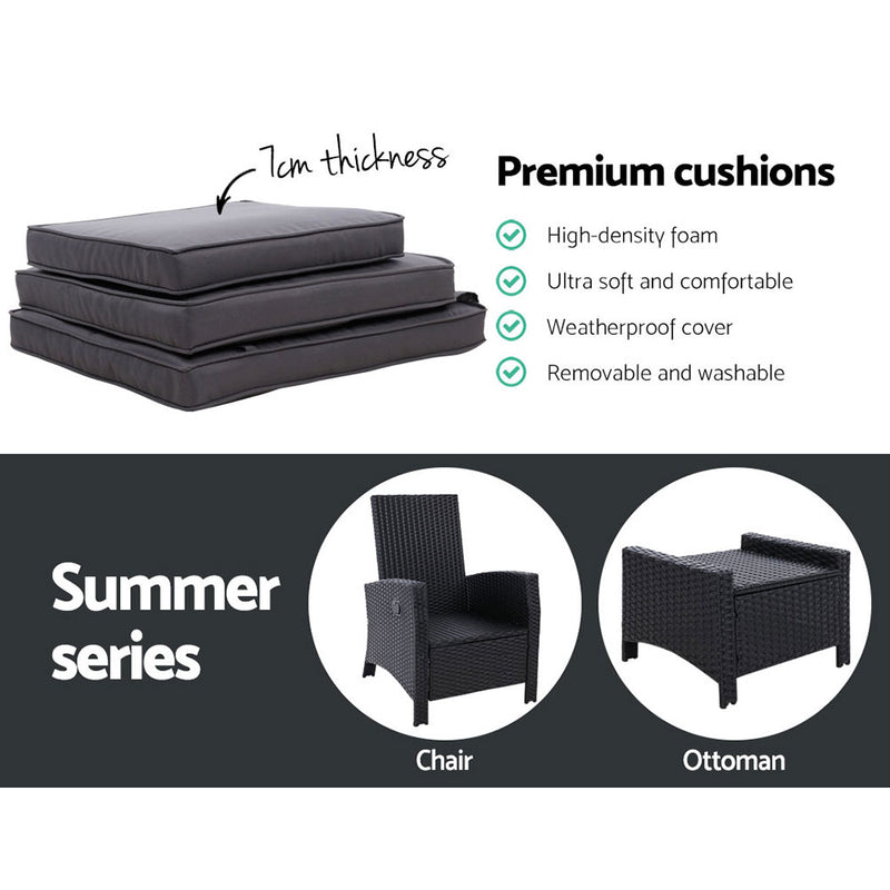 Set of 2 Sun lounge Recliner Chair Wicker Lounger Sofa Day Bed Outdoor Chairs Patio Furniture Garden Cushion Ottoman