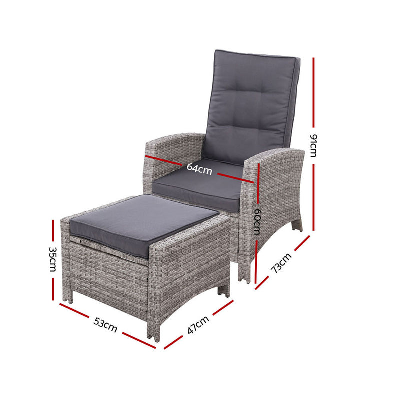 Set of 2 Sun lounge Recliner Chair Wicker Lounger Sofa Day Bed Outdoor Chairs Patio Furniture Garden Cushion Ottoman
