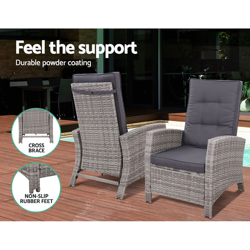 Set of 2 Sun lounge Recliner Chair Wicker Lounger Sofa Day Bed Outdoor Chairs Patio Furniture Garden Cushion Ottoman