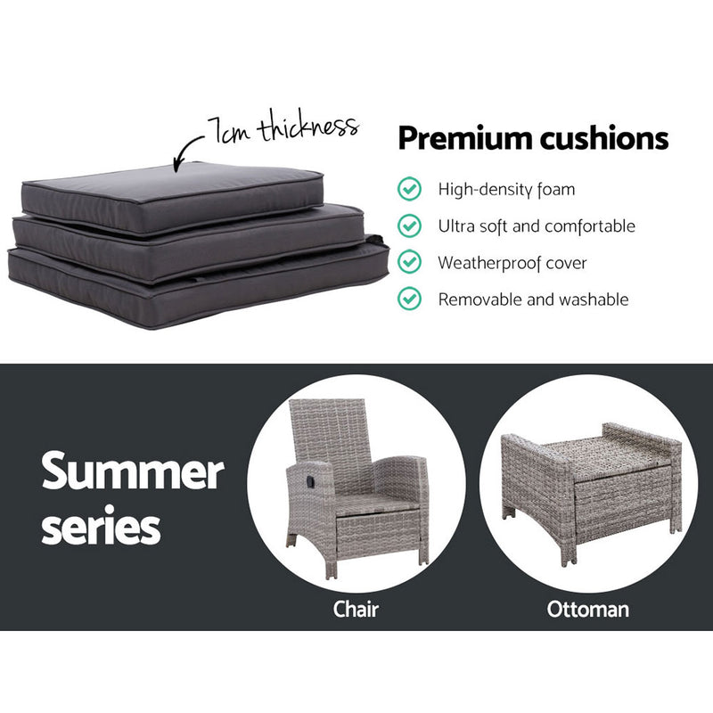 Set of 2 Sun lounge Recliner Chair Wicker Lounger Sofa Day Bed Outdoor Chairs Patio Furniture Garden Cushion Ottoman