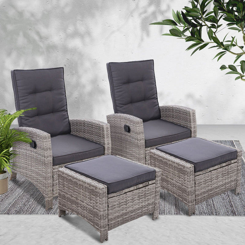 Set of 2 Sun lounge Recliner Chair Wicker Lounger Sofa Day Bed Outdoor Chairs Patio Furniture Garden Cushion Ottoman