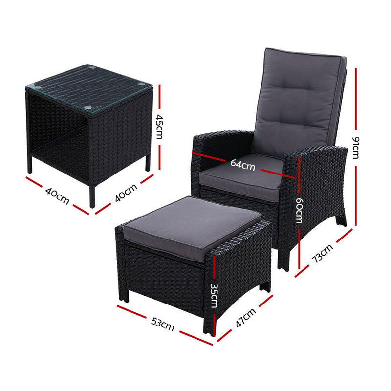 Outdoor Patio Furniture Recliner Chairs Table Setting Wicker Lounge 5pc Black