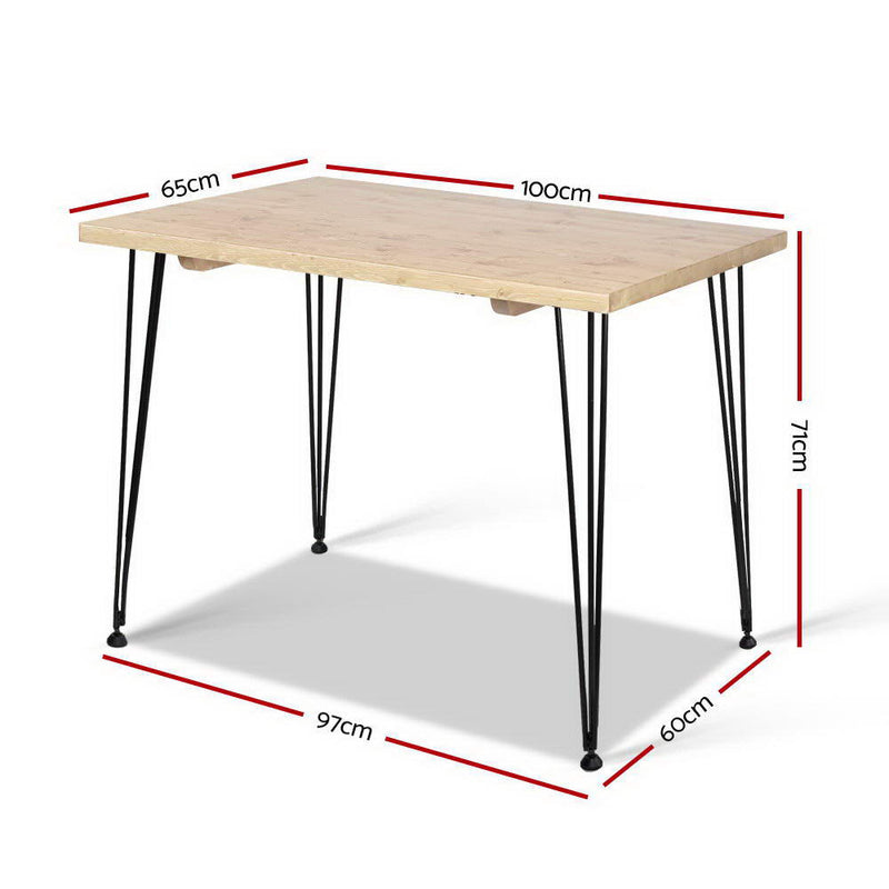 Dining Table 4 Seater 100 x 65cm Pine Wood Industrial Scandinavian Timber Metal Black Legs Brown Rectangular Tables