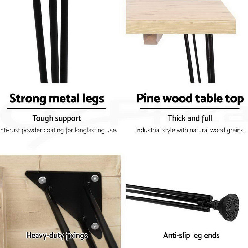 Dining Table 4 Seater 100 x 65cm Pine Wood Industrial Scandinavian Timber Metal Black Legs Brown Rectangular Tables