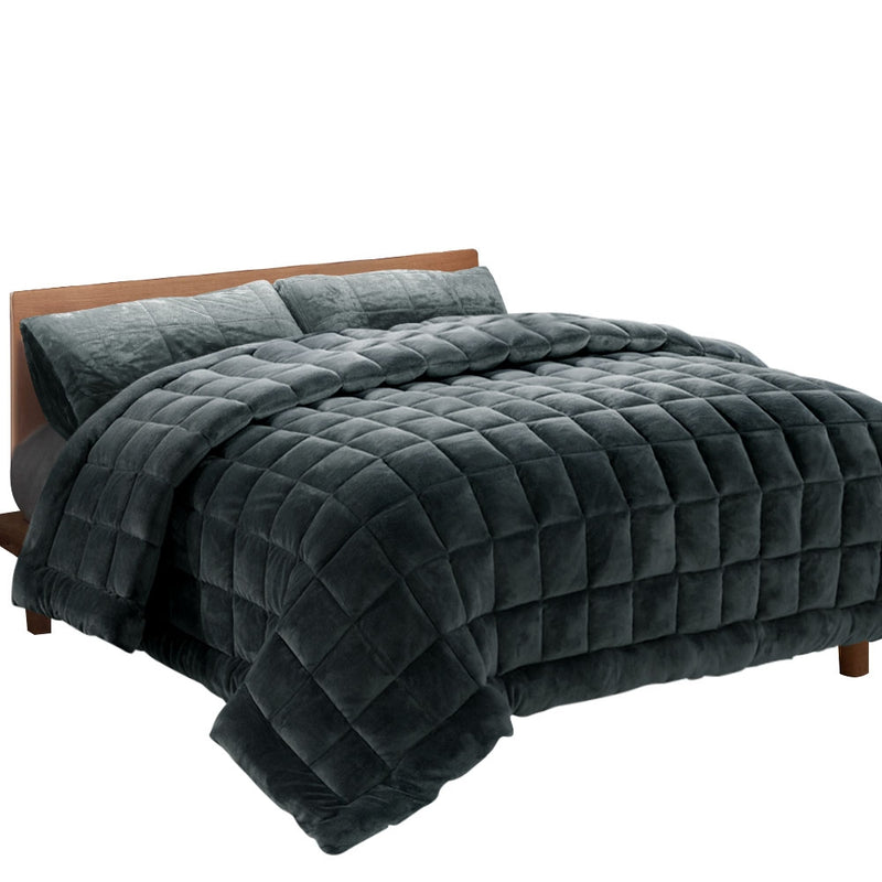Giselle Bedding Faux Mink Quilt Plush Throw Blanket Comforter Duvet Cover Charcoal Double