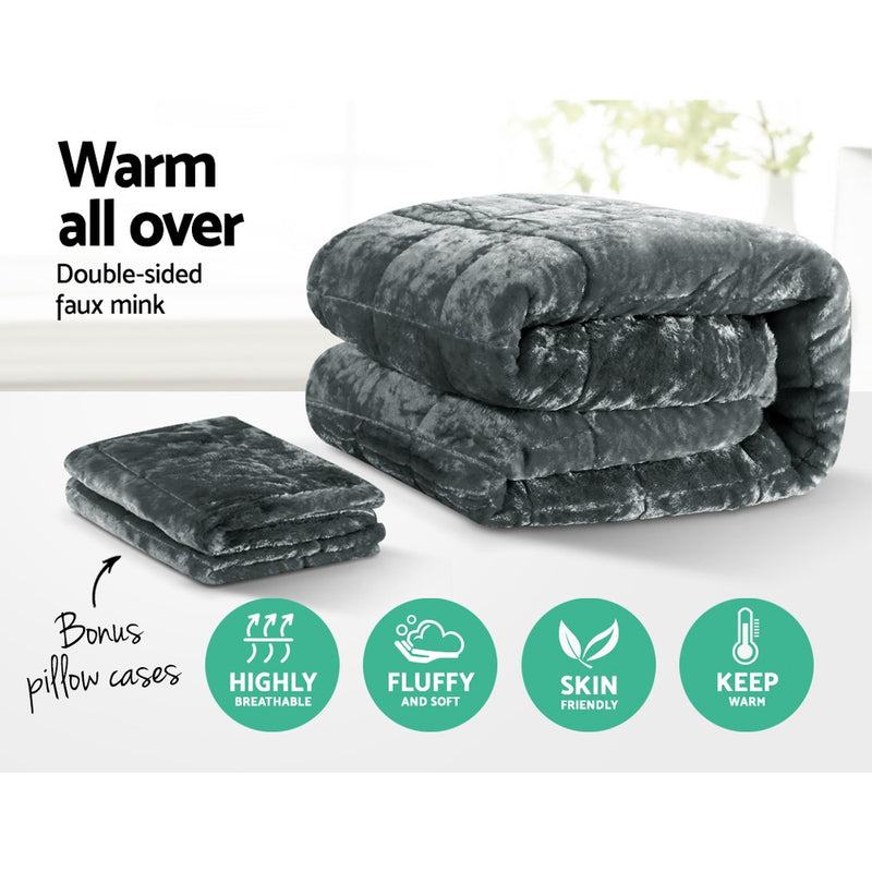 Giselle Bedding Faux Mink Quilt Comforter Fleece Throw Blanket Doona Charcoal Super King