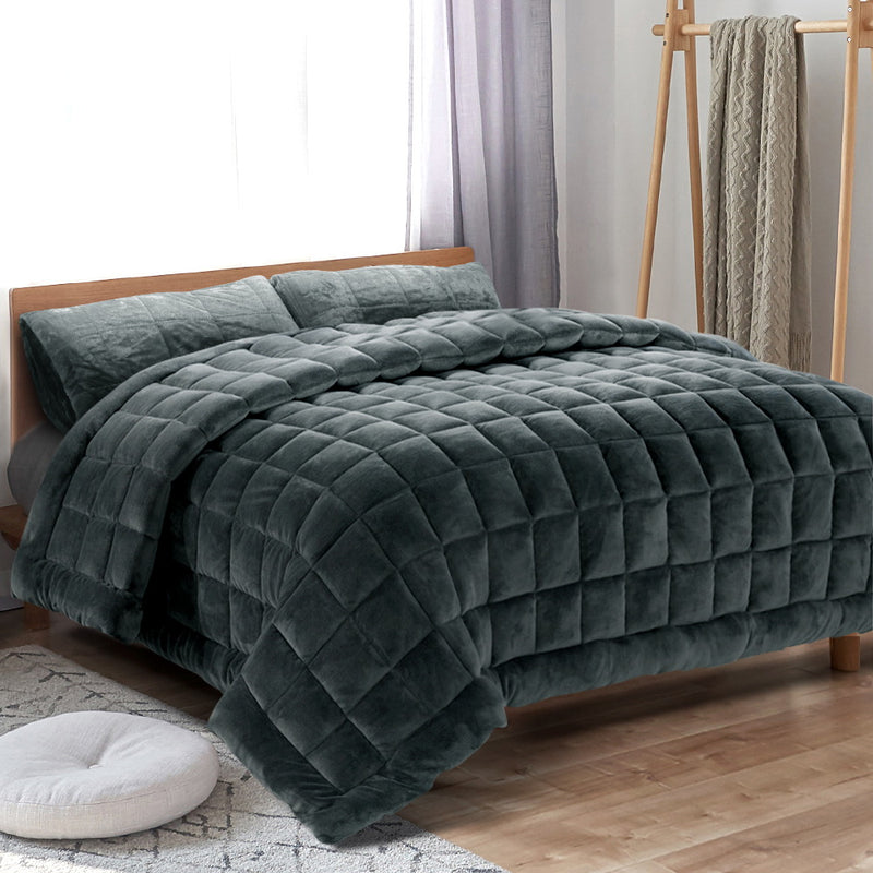 Giselle Bedding Faux Mink Quilt Comforter Fleece Throw Blanket Doona Charcoal Super King