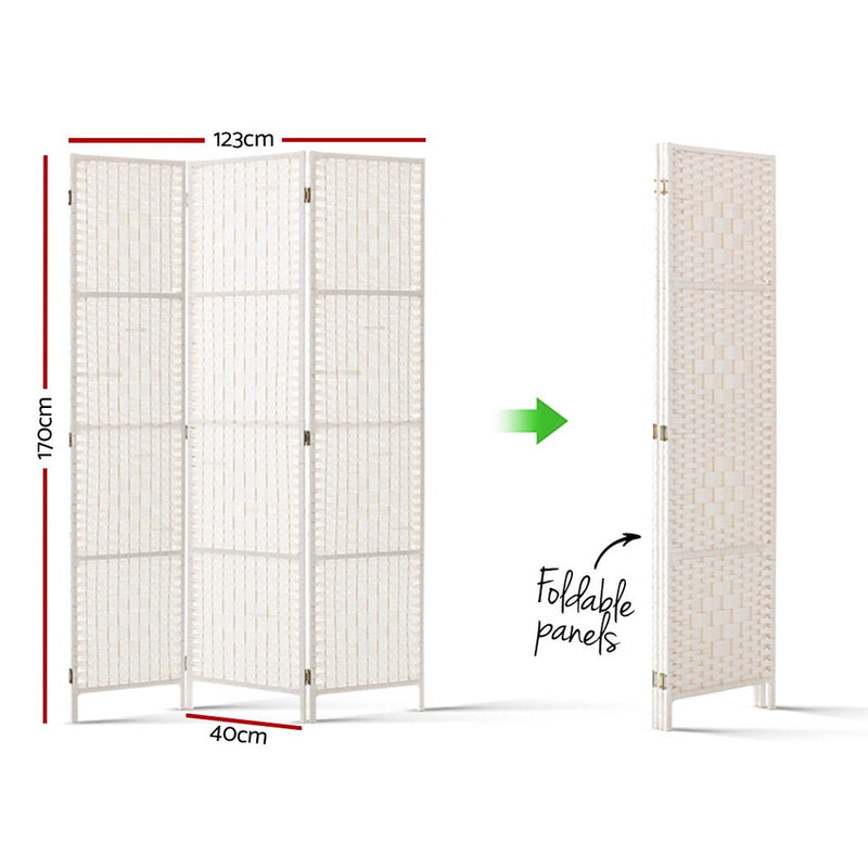 3 Panels Room Divider Screen Privacy Rattan Timber Fold Woven Stand White