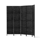 4 Panel Room Divider Privacy Screen Rattan Woven Wood Stand Black