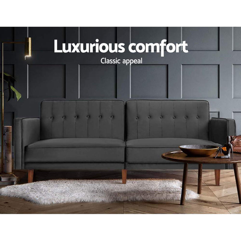 Sofa Bed Lounge 3 Seater Futon Couch Recline Chair Wood 195cm Velvet Grey