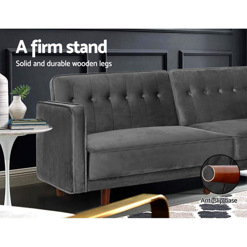 Sofa Bed Lounge 3 Seater Futon Couch Recline Chair Wood 195cm Velvet Grey