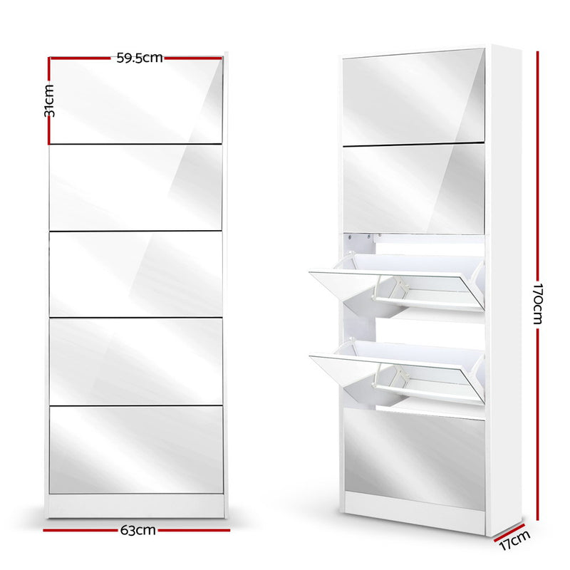 5 Drawer Mirrored Wooden Shoe Cabinet - White