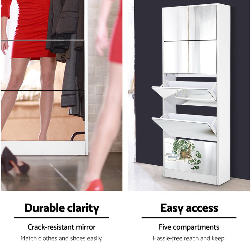 5 Drawer Mirrored Wooden Shoe Cabinet - White