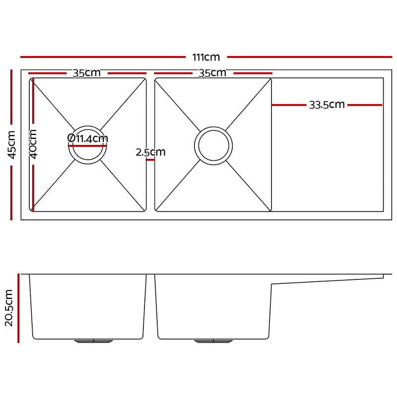 Stainless Steel Kitchen Sink 111X45CM Under/Topmount Laundry Double Bowl Silver