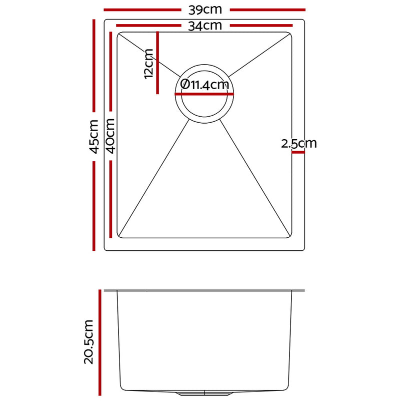 Stainless Steel Kitchen Sink 390X450MM Under/Topmount Sinks Laundry Bowl Silver