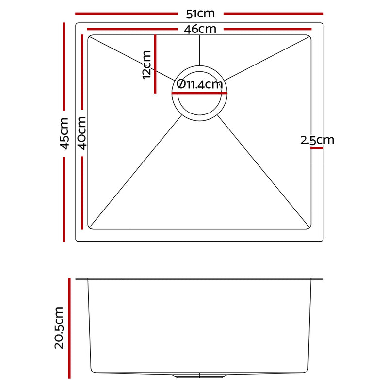 Stainless Steel Kitchen Sink 510X450MM Under/Topmount Sinks Laundry Bowl Silver