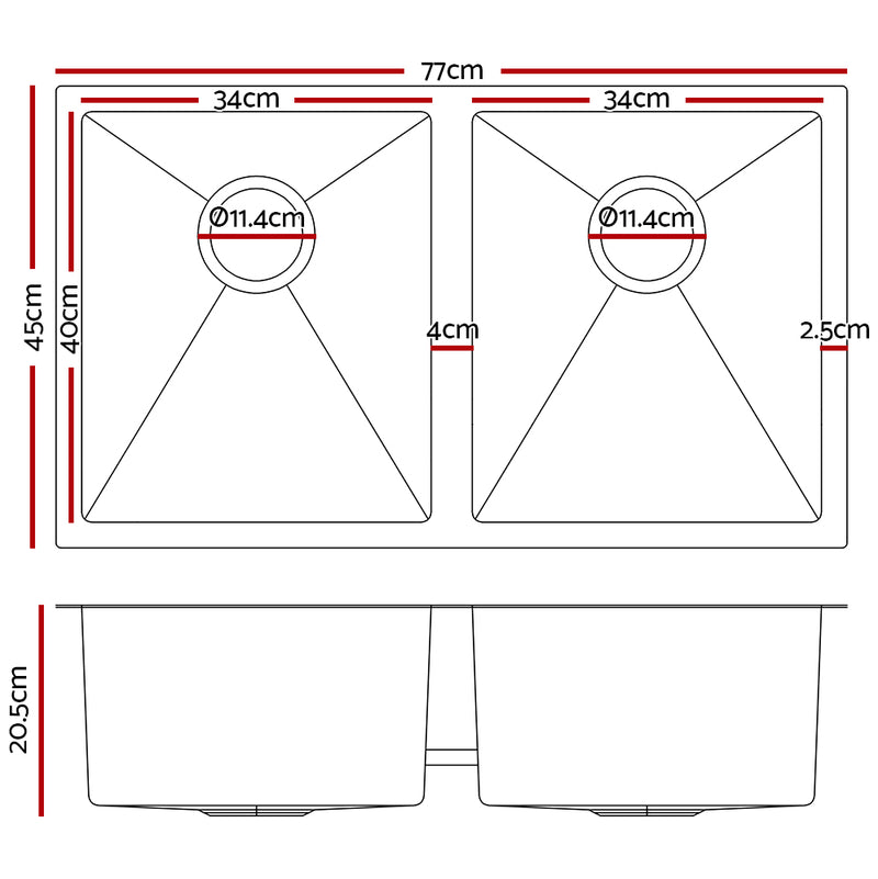 Stainless Steel Kitchen Sink 770X450MM Under/Topmount Laundry Double Bowl Silver