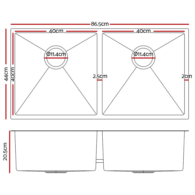 Stainless Steel Kitchen Sink 865X440MM Under/Topmount Laundry Double Bowl Silver