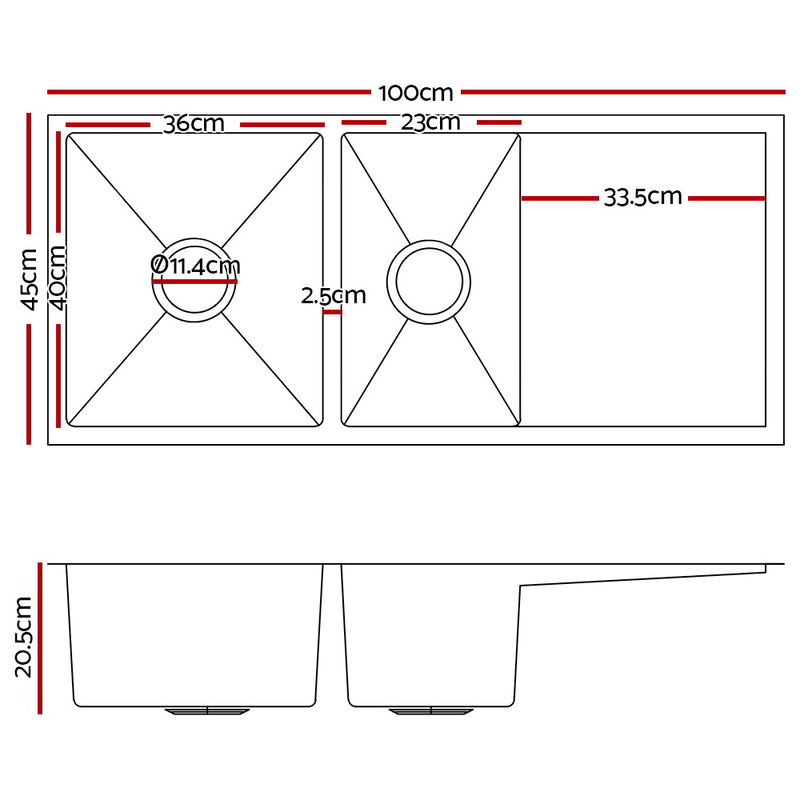 Stainless Steel Kitchen Sink 100X45CM Under/Topmount Laundry Double Bowl Black