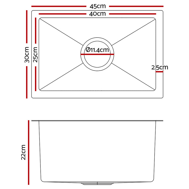 Stainless Steel Kitchen Sink 450X300MM Under/Topmount Sinks Laundry Bowl Black