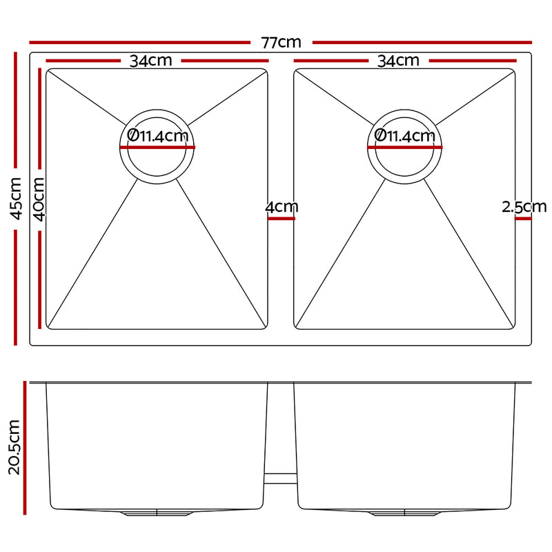 Stainless Steel Kitchen Sink 770X450MM Under/Topmount Laundry Double Bowl Black