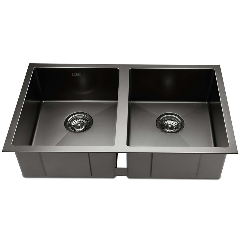 Stainless Steel Kitchen Sink 770X450MM Under/Topmount Laundry Double Bowl Black