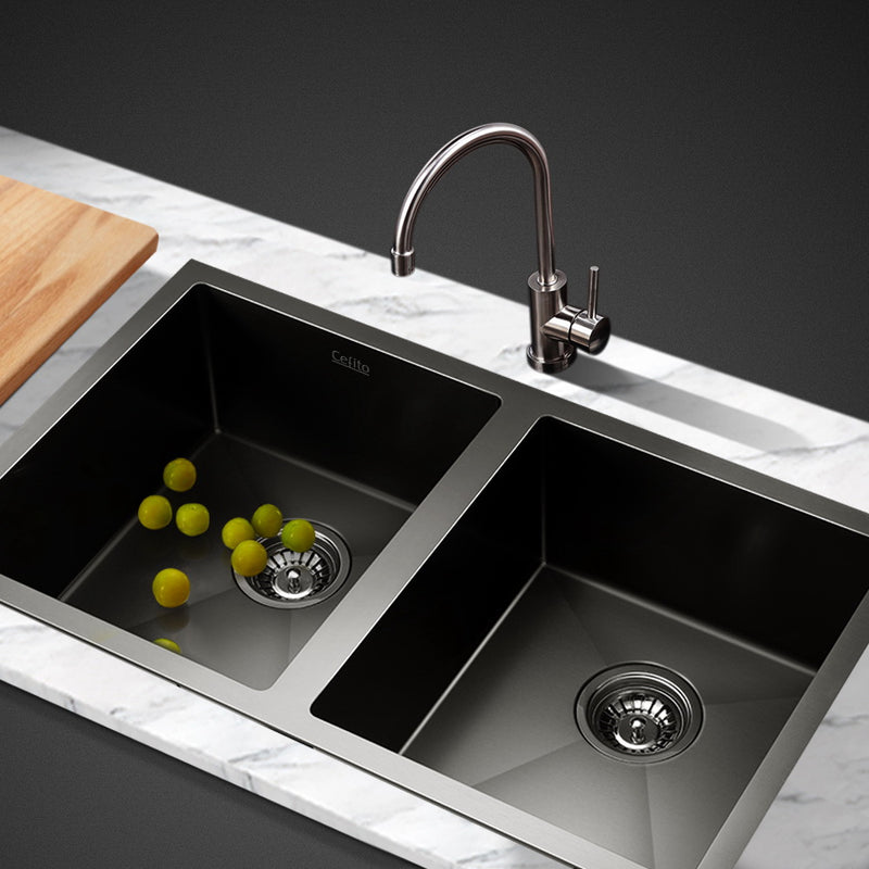 Stainless Steel Kitchen Sink 770X450MM Under/Topmount Laundry Double Bowl Black