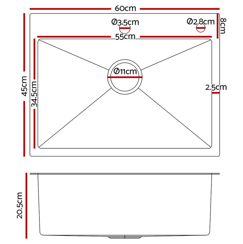 Stainless Steel Kitchen Sink 600X450MM Under/Topmount Sinks Laundry Bowl Silver