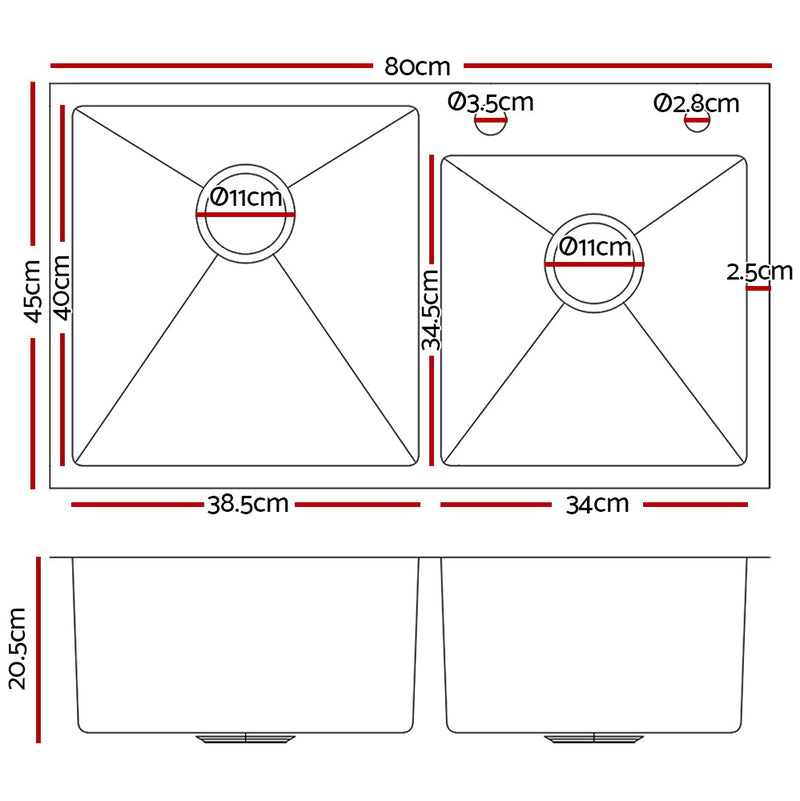 Stainless Steel Kitchen Sink 800X450MM Under/Topmount Laundry Double Bowl Silver